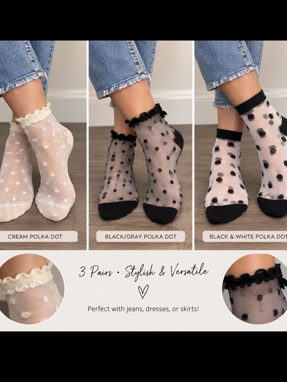 Sheer Polka Dot Ankle Socks Pack - Black & Cream. 3 pairs